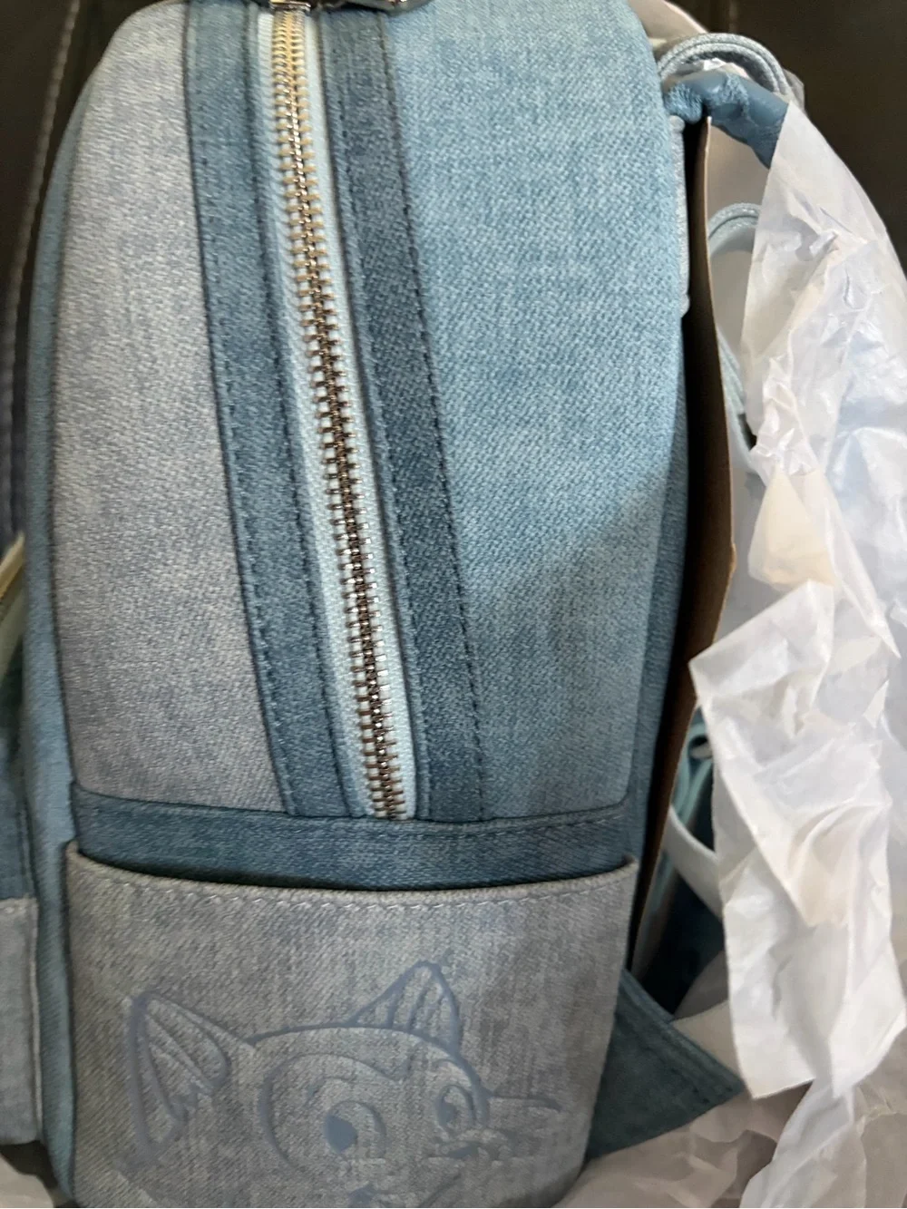 Loungefly Light Blue Denim Backpack with Pluto & Marie Embossed
